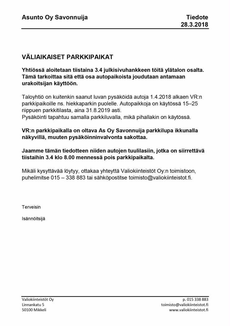 Tiedote väliaikaiset paikat