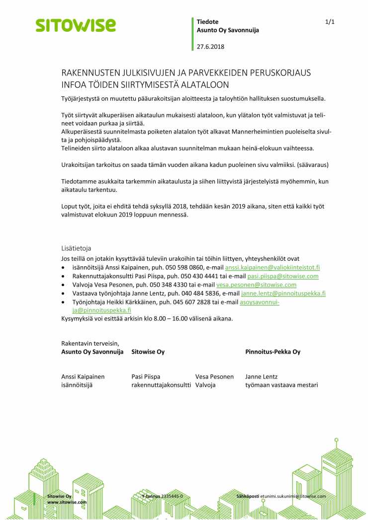 161361_ Tiedote töiden siirtymisestä alataloon