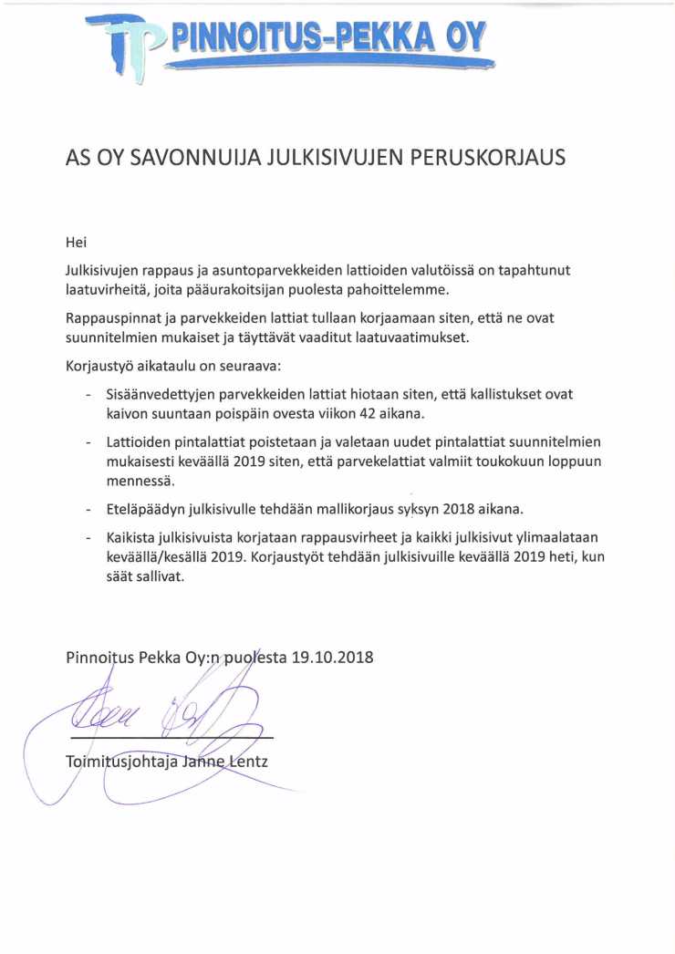 Pinoitus Pekka_Tiedote ylätalon korjauksista