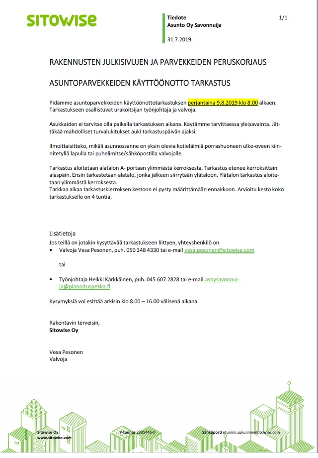 161361, Tiedote asuntoparvekkeiden käyttöönottotarkastus