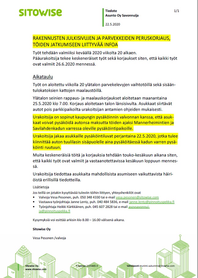 tiedote töiden jatkaminen